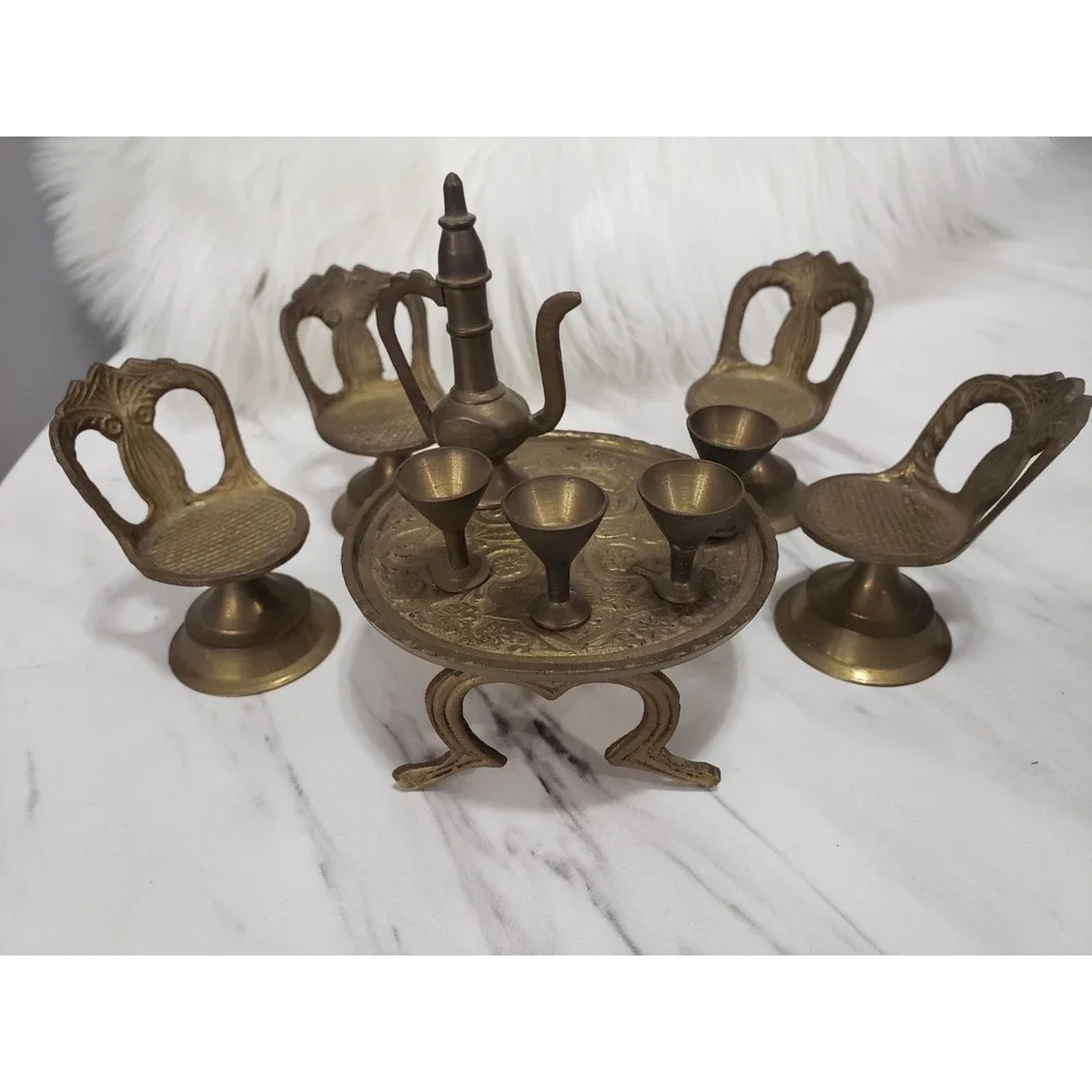 Vintage Brass‎ Dollhouse Table & Chairs And Tea Set Mini 10 piece